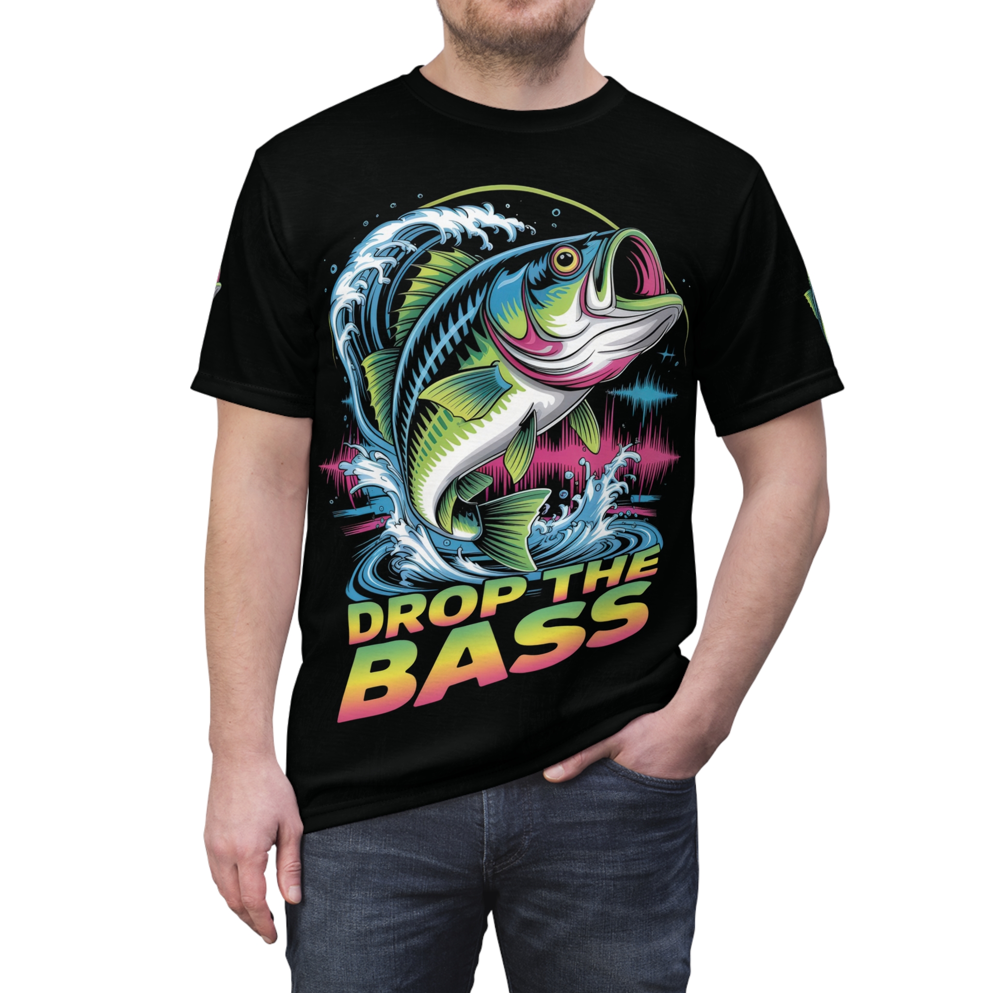 Bright blues, greens, and pinks cover this patterned tee shirt, depicting a jumping bass fish with waves and the words "DROP THE BASS."