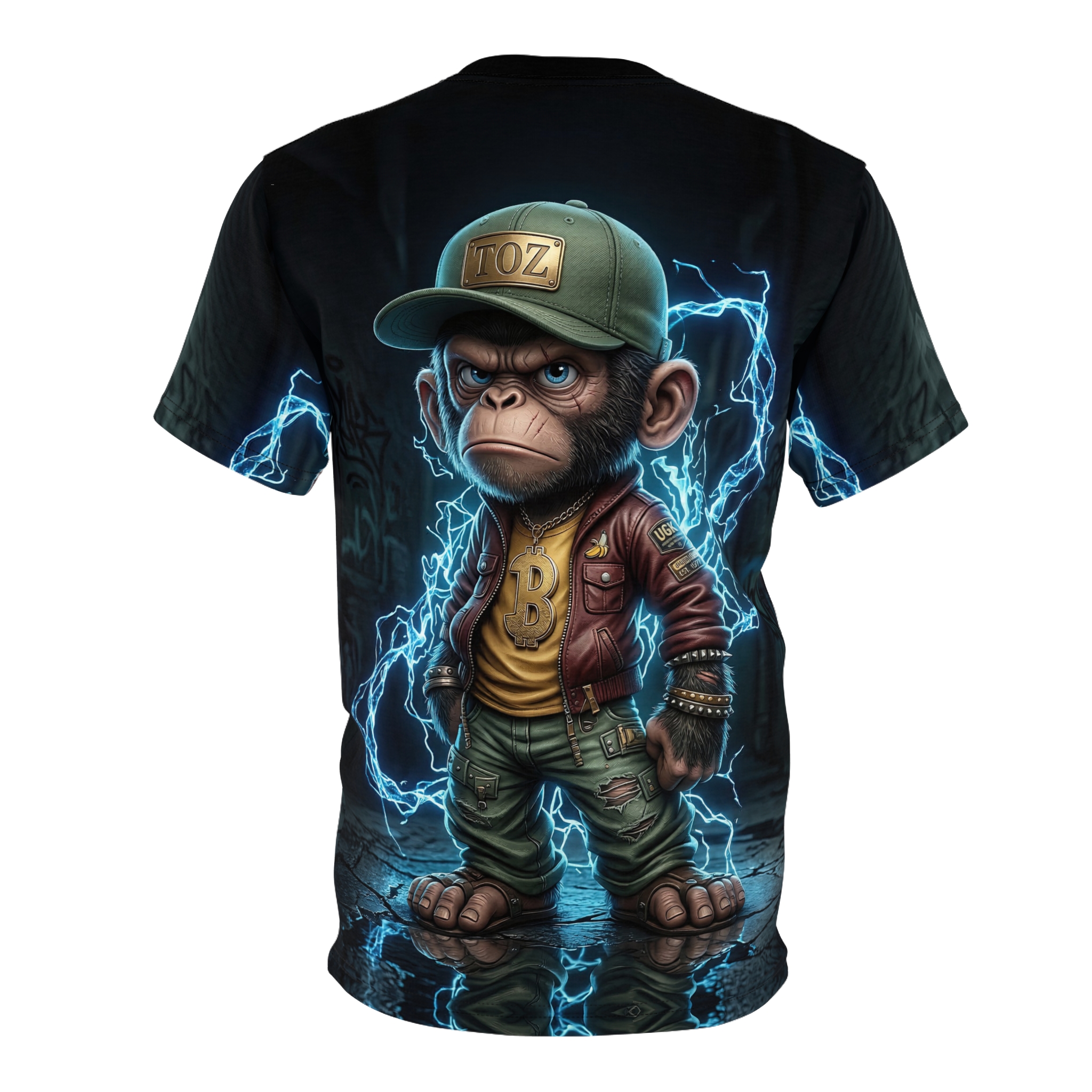 Electric blue lightning crackles around a street-smart ape in this 360-degree graphic that wraps the full garment from collar to hem for a vivid visual impact.