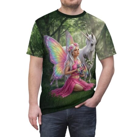 All over print sublimation tee featuring a fairy holding a dragon beside a unicorn in an enchanted forest.