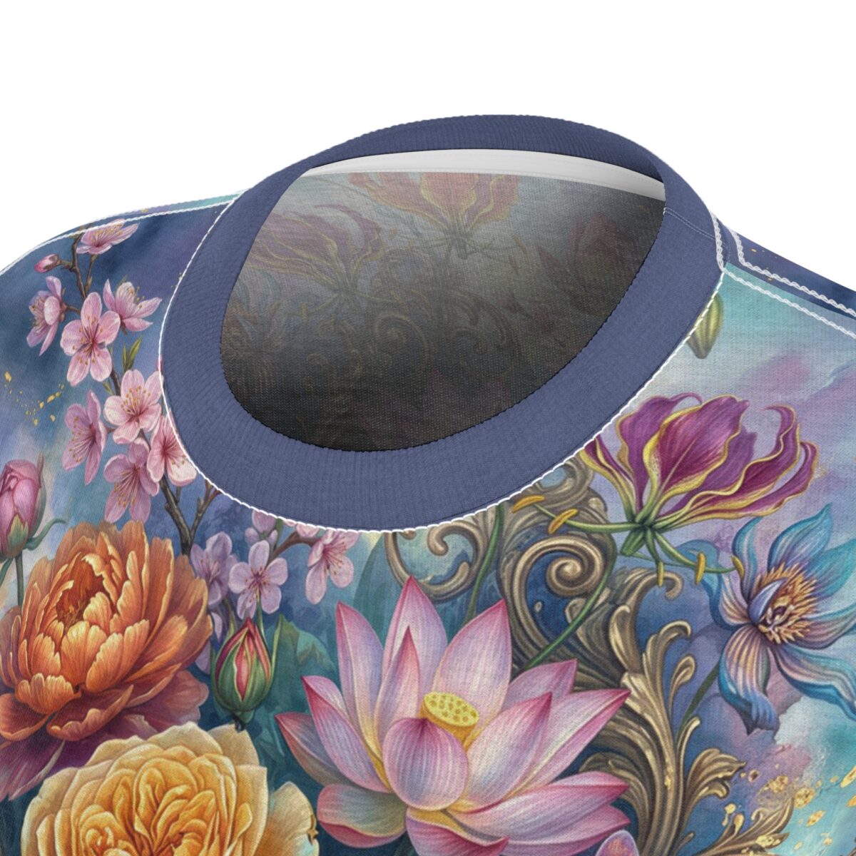 Vibrant floral sublimation tee with pink cherry blossoms, orange peonies, yellow roses, and blue lotus flowers on a blue background.