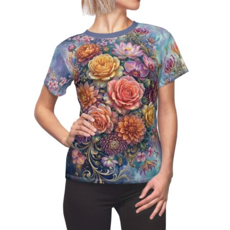 All over print sublimation tee showcasing a vibrant floral arrangement with roses, orchids, and dahlias on a blue background.
