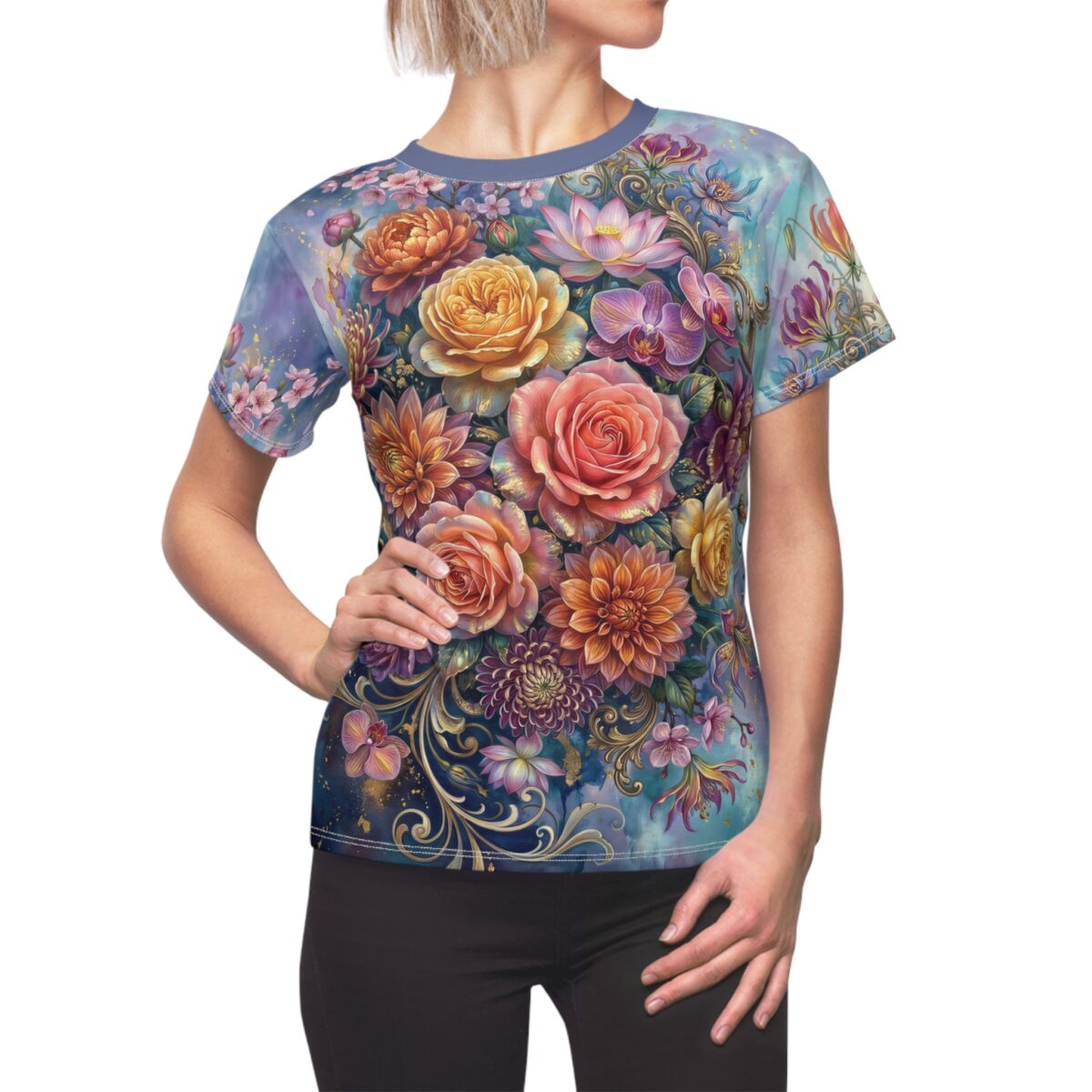 All over print sublimation tee showcasing a vibrant floral arrangement with roses, orchids, and dahlias on a blue background.