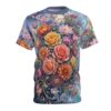 Lush coral roses, yellow dahlias, and pink orchids cascade across this all over print t-shirt with golden accents.
