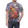 Richly colored roses, orchids, and chrysanthemums fill this all over print t-shirt with golden accents.