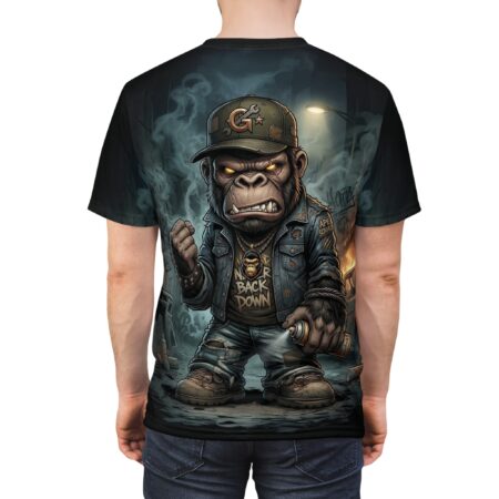 Vibrant Gritty Ape Streetwear Tee – 'Never Back Down' Graphic Gorilla All-Over Print – eye-catching full print casual top
