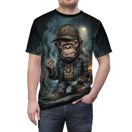 Vibrant Gritty Ape Streetwear Tee – 'Never Back Down' Graphic Gorilla All-Over Print – eye-catching full print casual top