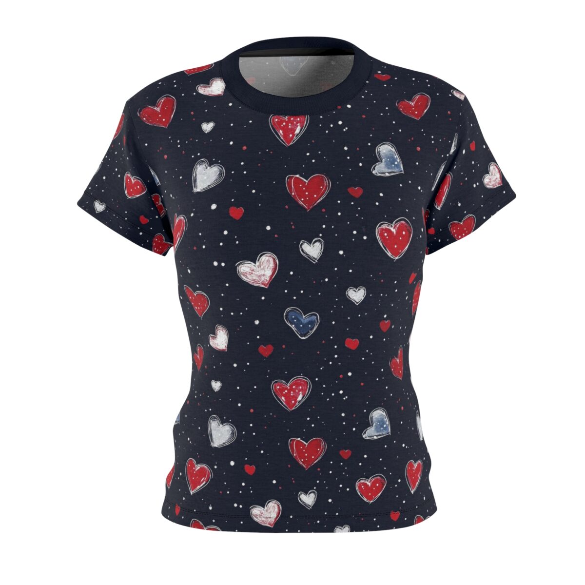 Navy blue all over print t-shirt with a scattered pattern of red, white, and blue distressed hearts and white dots.