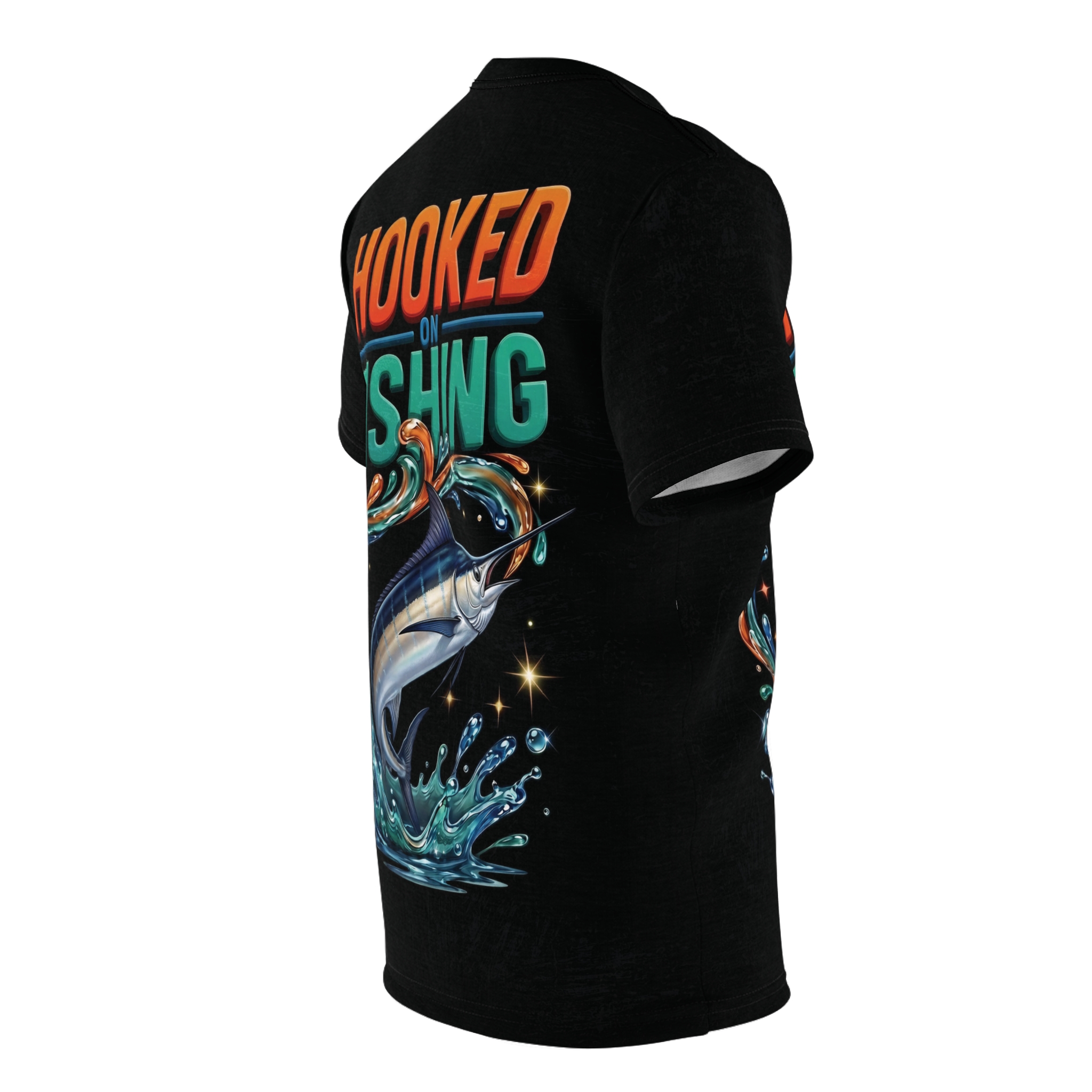 Vibrant marlin graphics wrap around this t-shirt with an all-over print design that covers the entire surface for fishing enthusiasts.