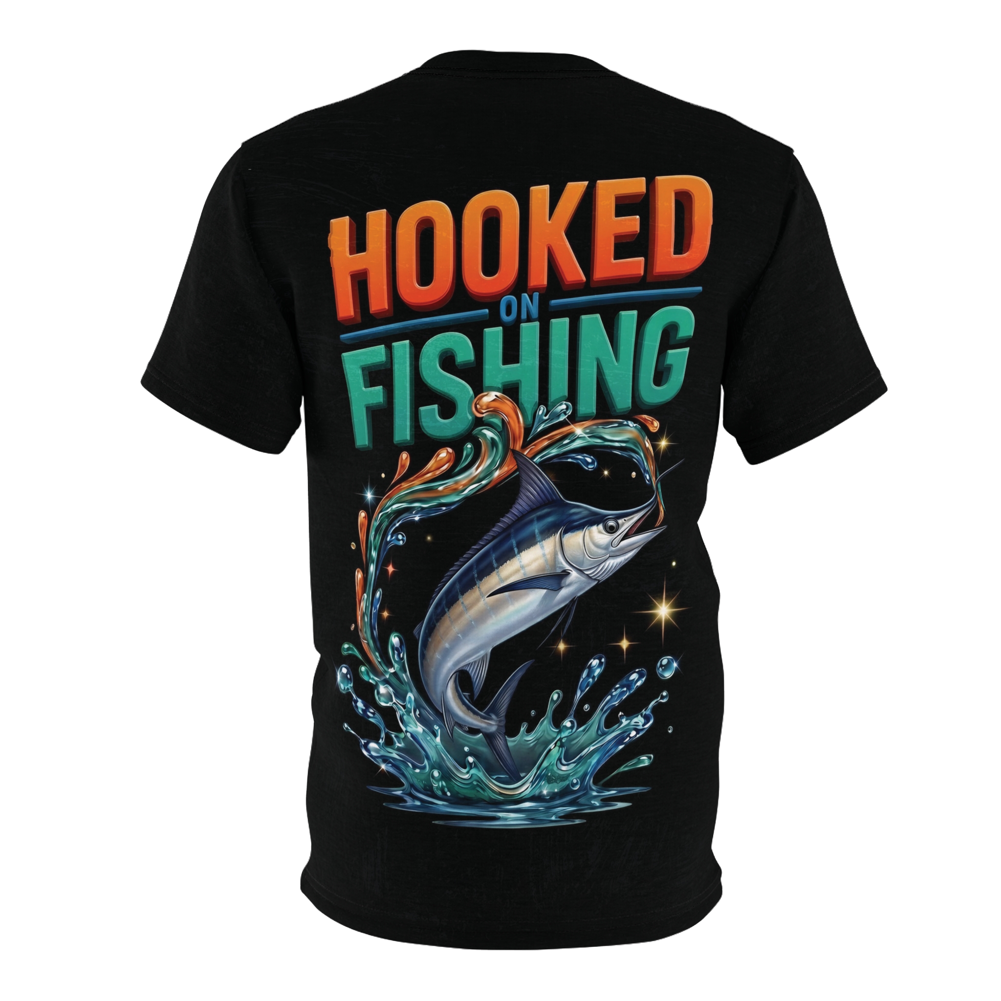 Vibrant marlin graphics leap from the fabric in this 360-degree graphic tee, displaying detailed splashes and bold lettering across the entire garment surface.