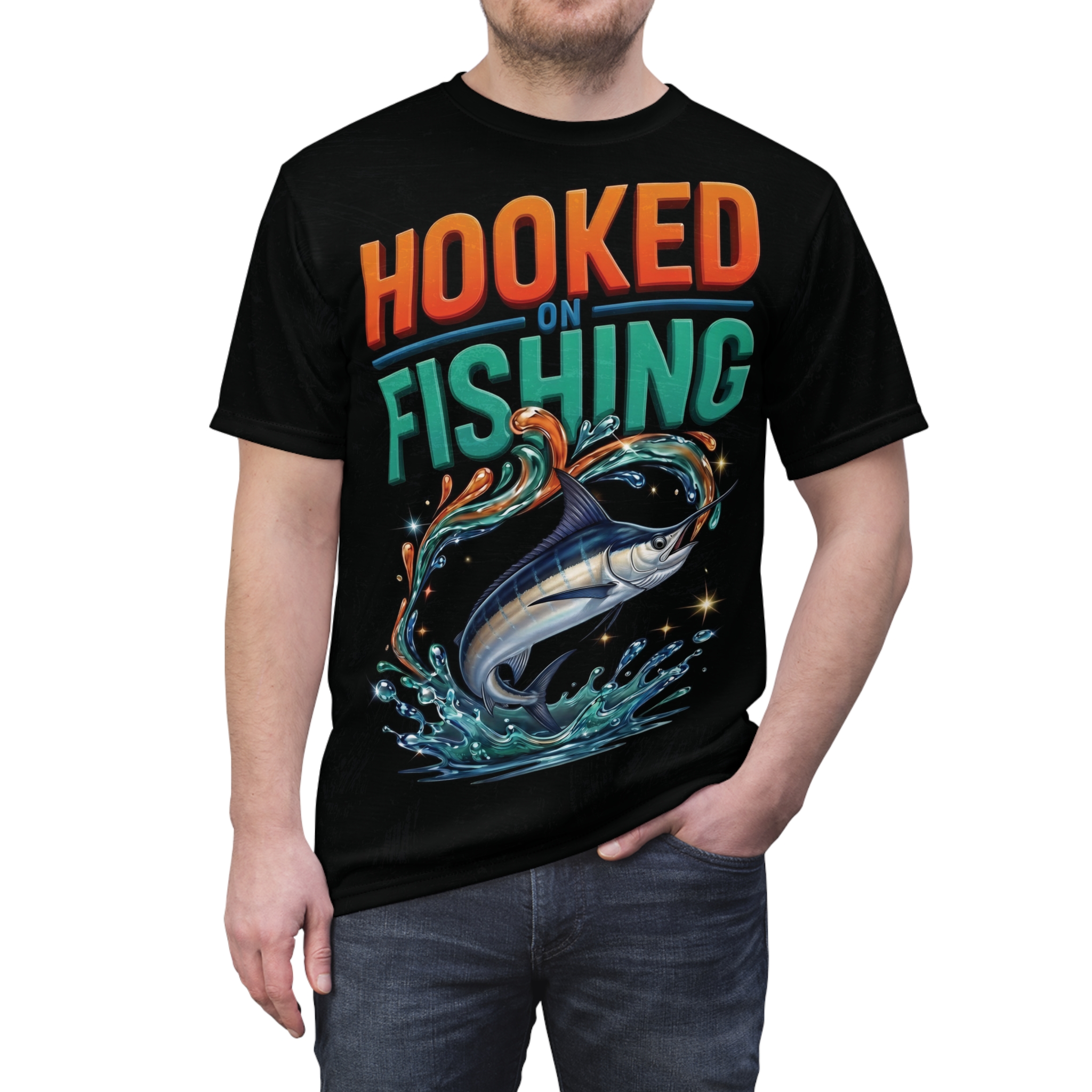 Vibrant marlin graphics and Hooked on Fishing text display an all-over print design that covers the entire front surface of this angler tee.