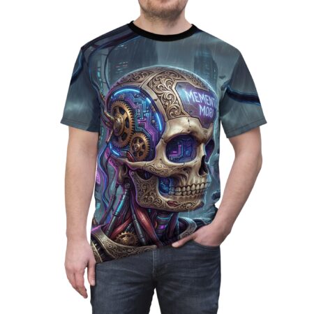 Memento Mori Cyber Skull Tee — All-Over Print Futuristic Gothic Shirt