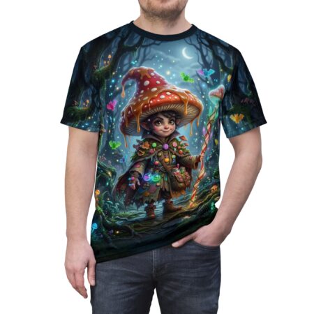 Stylish Mushroom Forest Mage T-Shirt — Cute Magical Gnome in Enchanted Woods (All-Over Print) – durable everyday unisex apparel