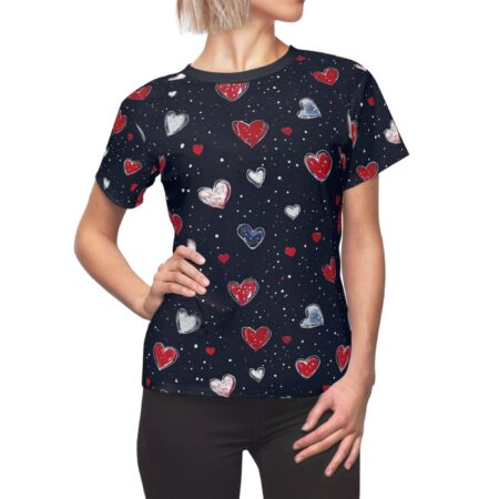 Navy sublimation tee featuring a seamless wrap around graphic of hand-drawn red, white, and blue hearts with speckles.