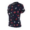 Navy all over print sublimation tee featuring a scattered pattern of hand-drawn red, white, and blue hearts with white speckles.