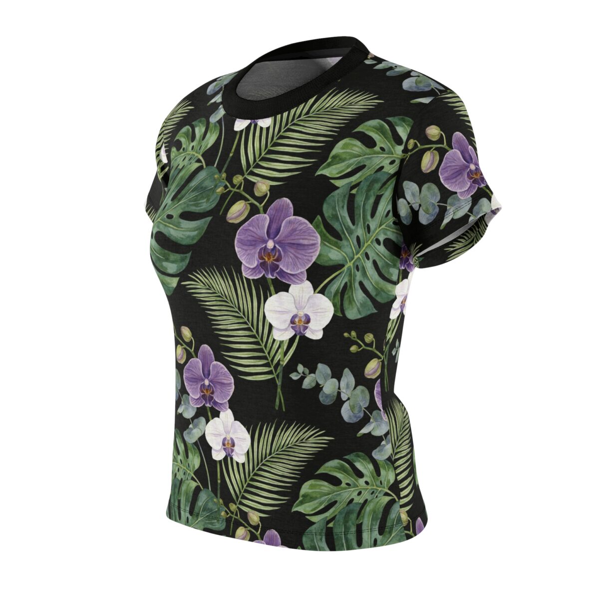 All over print t-shirt with a seamless tropical floral pattern featuring purple and white orchids, monstera leaves, and palm fronds on a black background.