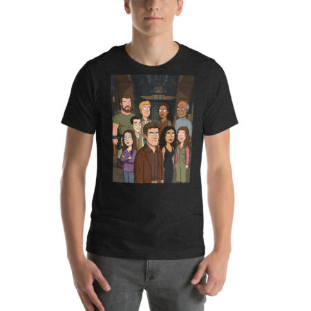Cartoon crew t-shirt design featuring a group of diverse characters with a sci-fi interior background. Perfect for fans of space adventures.