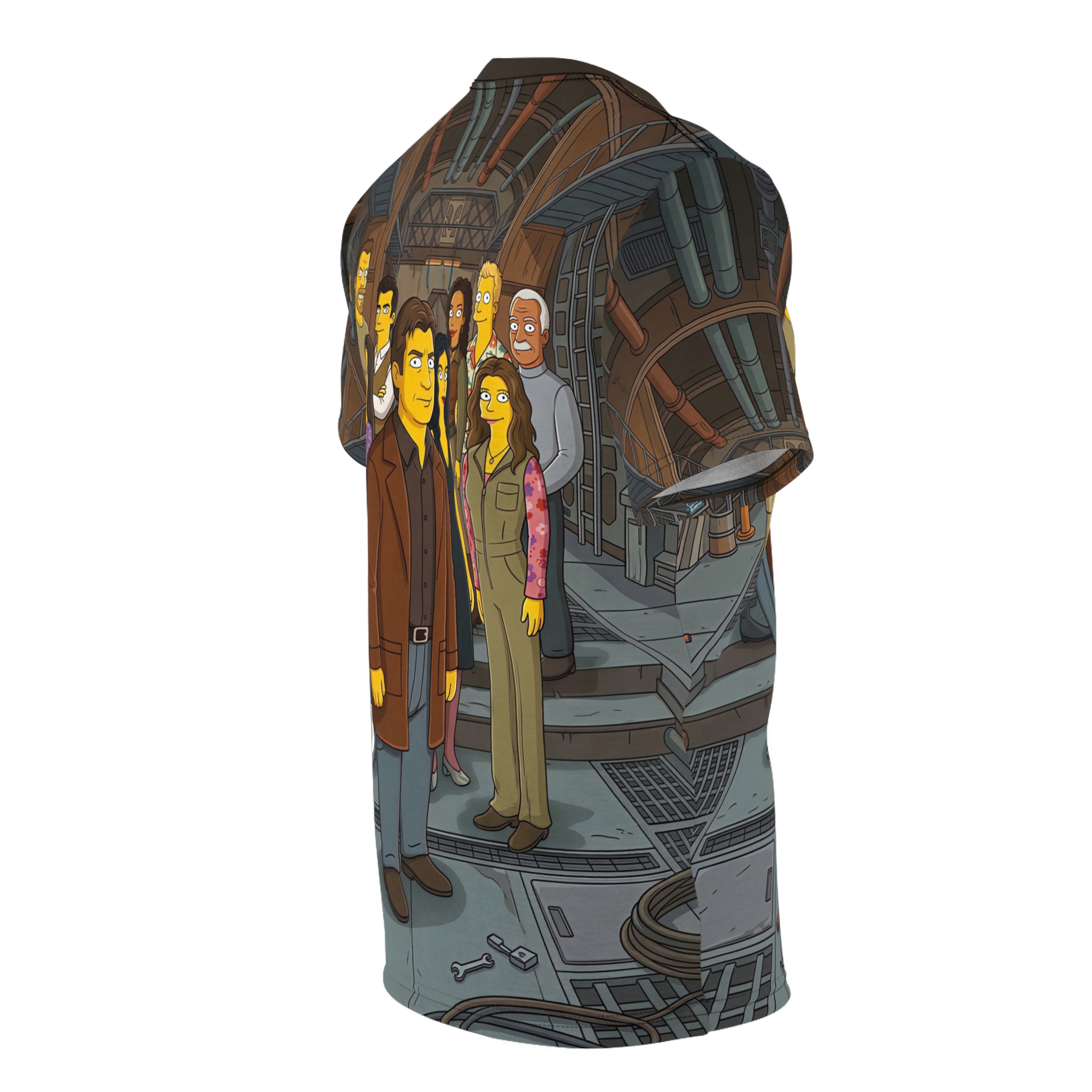 Simpsonized sci-fi characters wearing leather belts populate this shirt, which utilizes an all-over print to wrap the detailed spaceship interior across every seam.