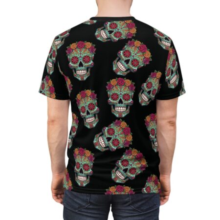 All over print sublimation tee, black shirt featuring a seamless wrap around graphic of colorful sugar skulls with floral crowns.