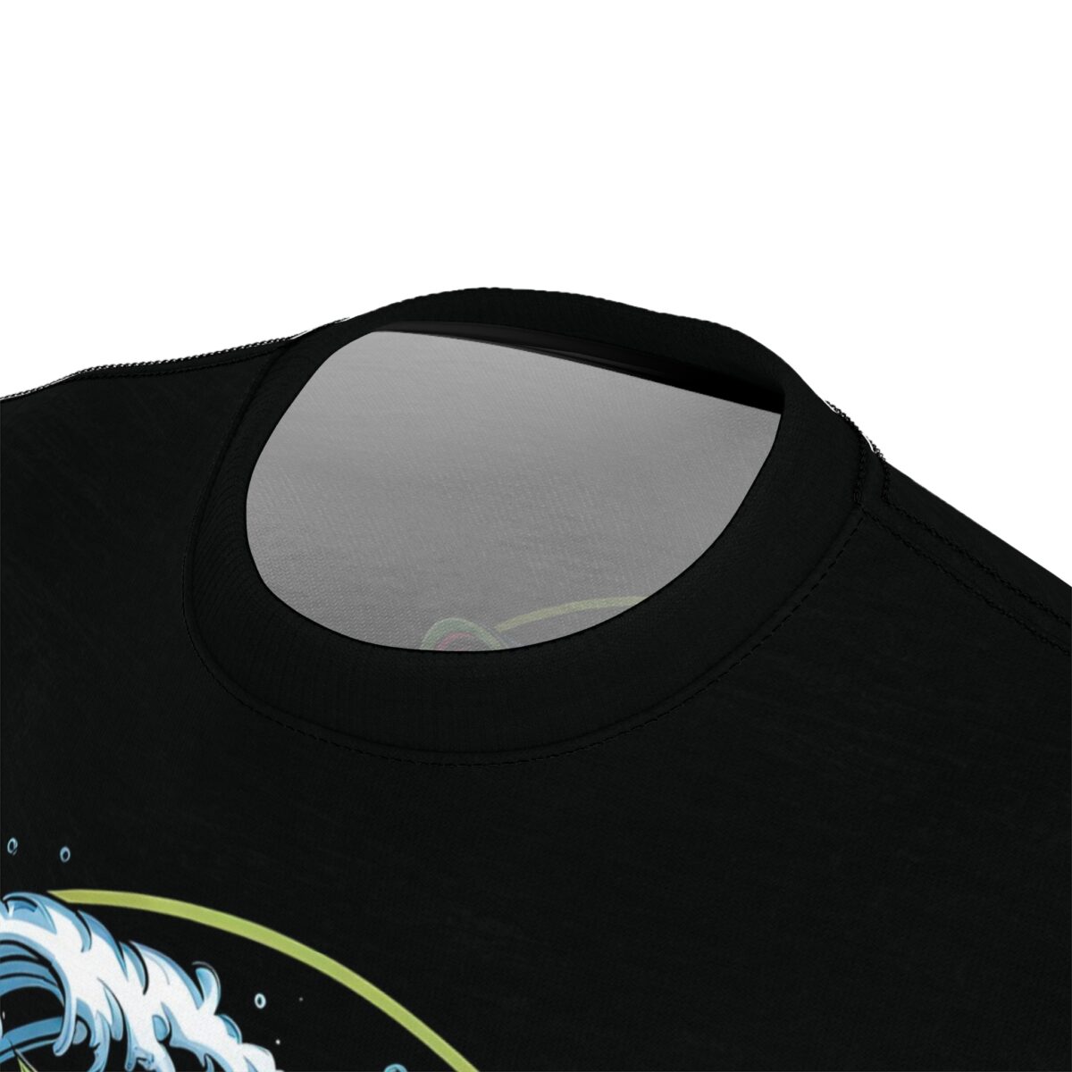 Blue and white crashing waves and a yellow arc cover this seamless pattern tee, with a retro bass fish graphic.