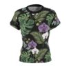 Black all over print sublimation tee featuring a seamless tropical orchid and monstera leaf botanical graphic.