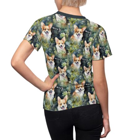 Watercolor Corgi dog print sublimation tee featuring a seamless wrap around graphic of corgis in a garden setting.