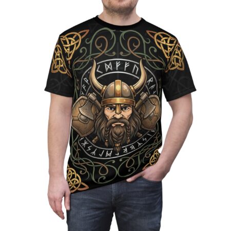 Viking Warrior Helmet Tee — Norse Runes & Celtic Knot All-Over Print