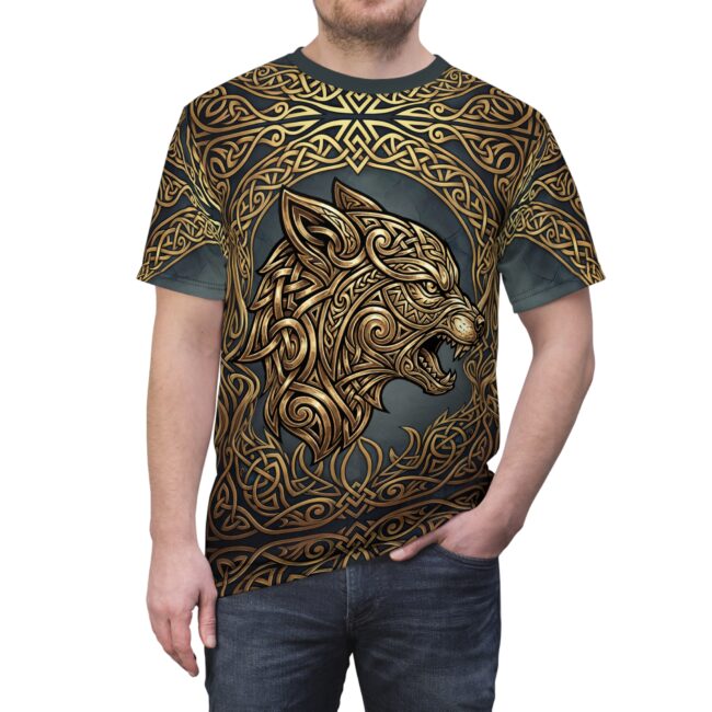 Celtic Wolf Tee — Gold Knotwork All-Over Print