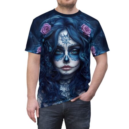Day of the Dead Blue Sugar Skull Tee – La Catrina Gothic Floral AOP Shirt