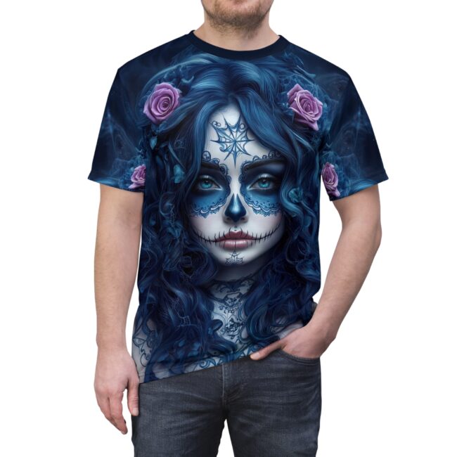 Day of the Dead Blue Sugar Skull Tee – La Catrina Gothic Floral AOP Shirt