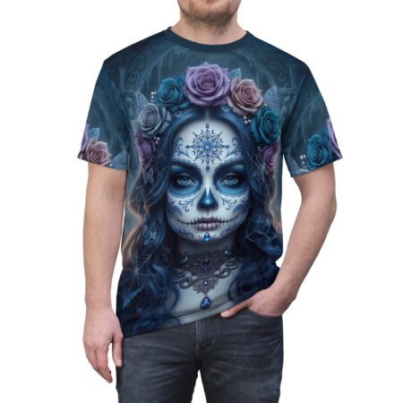 La Catrina Day of the Dead Sugar Skull Tee — Floral Blue Calavera All-Over Print