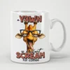 White ceramic mug with a humorous graphic of a yawning giraffe wearing glasses and a slogan about needing coffee.