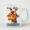 White ceramic mug with a cartoon giraffe looking grumpy and the words 