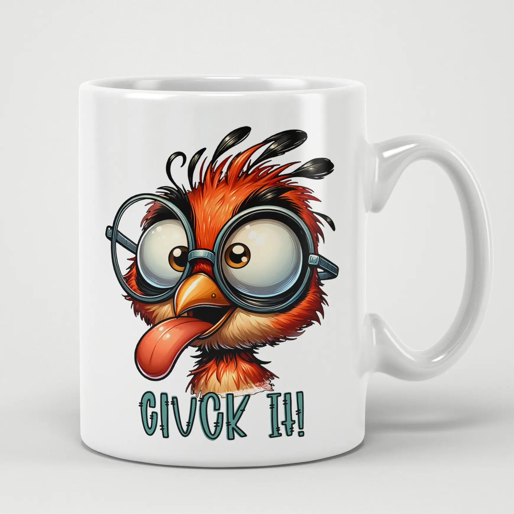 White ceramic mug with a cartoon bird wearing glasses, sticking its tongue out. The text "GIVCK IT!!" is below.