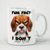 White ceramic mug with a grumpy beagle face and sarcastic text.