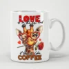 White ceramic mug with a cartoon giraffe wearing heart-shaped glasses and holding a rose.