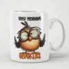 A white ceramic mug featuring a cartoon bird wearing glasses and the words 