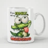 White mug with a cartoon crocodile sticking its tongue out and the text 
