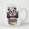 White ceramic mug with a cartoon panda sticking out its tongue and holding up peace signs, text reads 