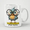 White ceramic mug with a blue bird wearing large glasses and the text 