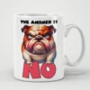 White mug with a cartoon bulldog graphic and the text 