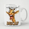 A white mug with a cartoon giraffe saying 