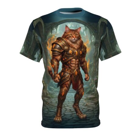 Bold Armored Cat Warrior All-Over Print Tee – high-quality graphic streetwear t-shirt