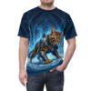 Frost-covered warrior cat armor dominates this all-over print design, extending across every inch of the fabric for a full-coverage mystical fantasy display.