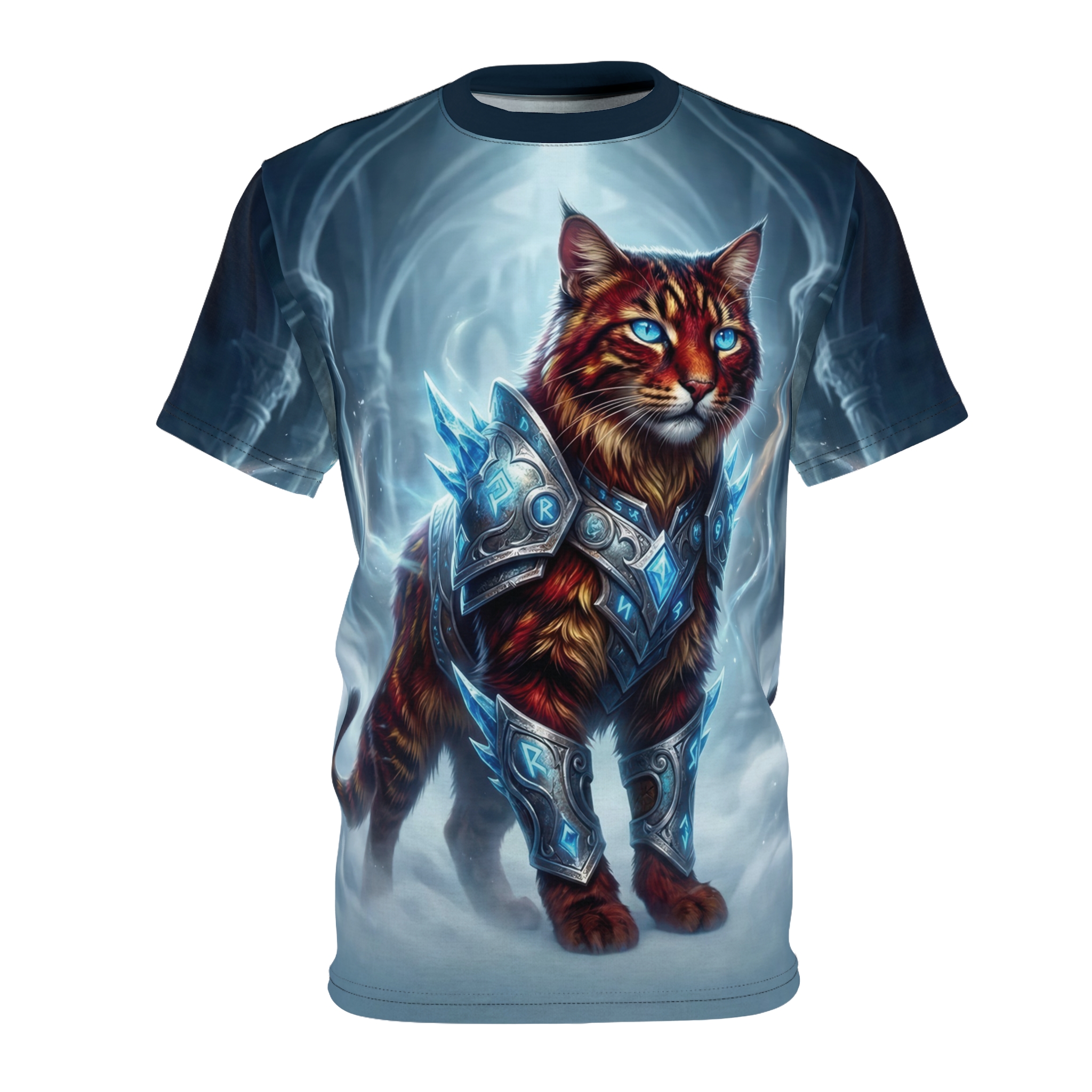 Frostcat warrior in runic armor wraps around this garment with an all-over print, displaying icy fantasy details across every inch of the fabric.
