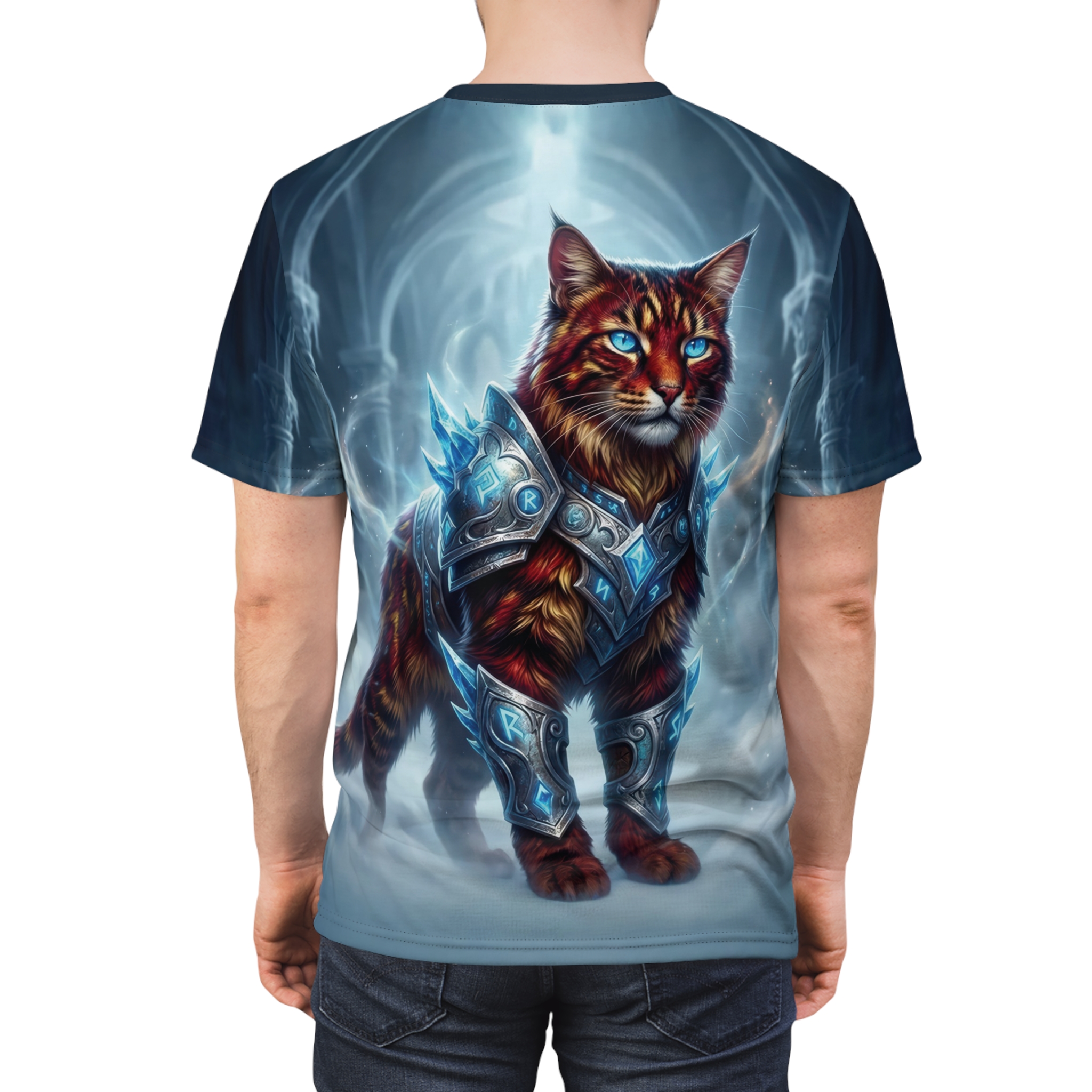 Frost-armored warrior cat imagery covers the entire fabric in a vivid 360-degree graphic that flows seamlessly across the back and shoulders of this tee.