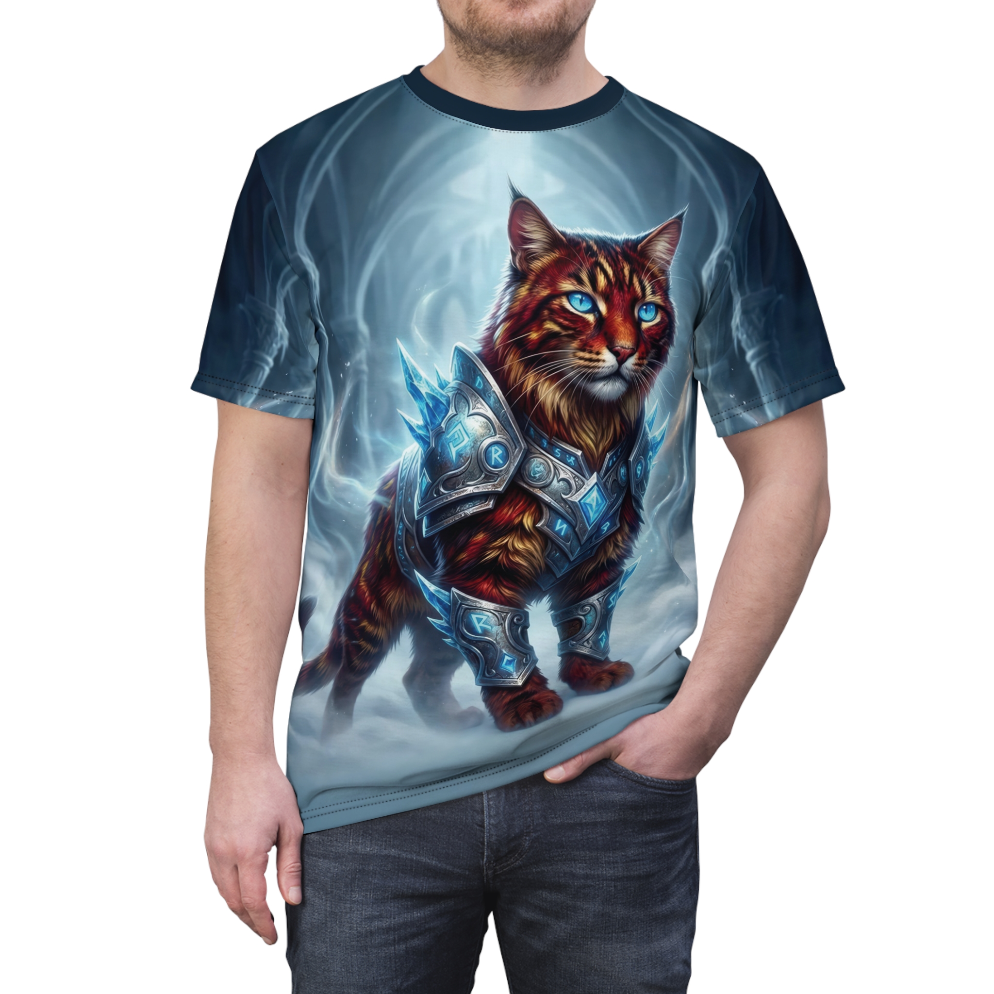 Frosty fantasy warrior cat armor details cover this entire garment surface in a vivid 360-degree graphic that flows seamlessly from front to back.
