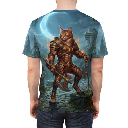 Vibrant Cat Warrior Graphic Tee – Fantasy Armor AOP Shirt – eye-catching full print casual top