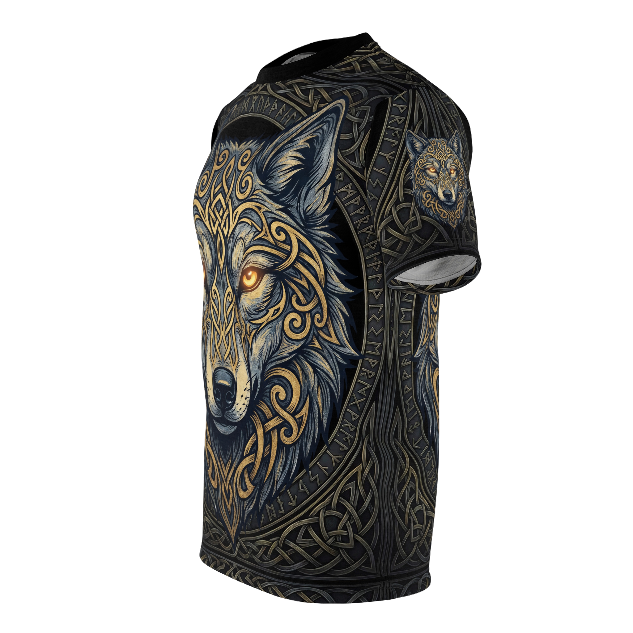 Intricate Norse knotwork and a glowing-eyed wolf cover this garment in a seamless pattern, ensuring the detailed graphic wraps fully around the entire surface.