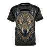 Intricate Norse wolf knotwork and glowing amber eyes wrap around the fabric in a 360-degree graphic that covers every inch of this detailed tee.