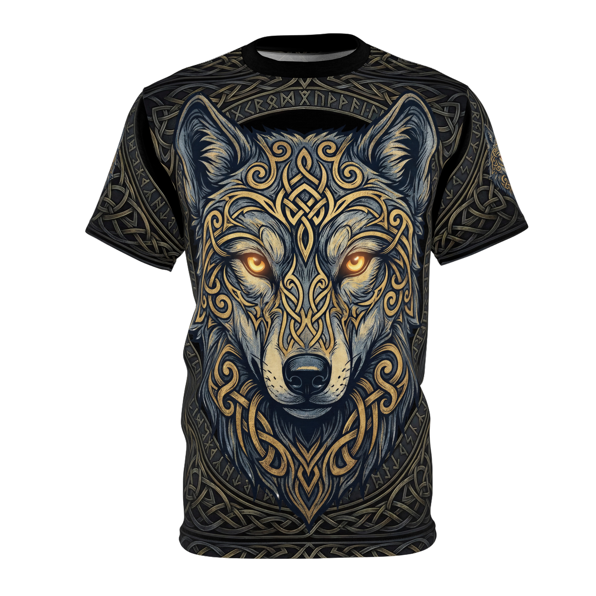 Intricate Norse wolf knotwork and glowing amber eyes wrap around the fabric in a 360-degree graphic that covers every inch of this detailed tee.